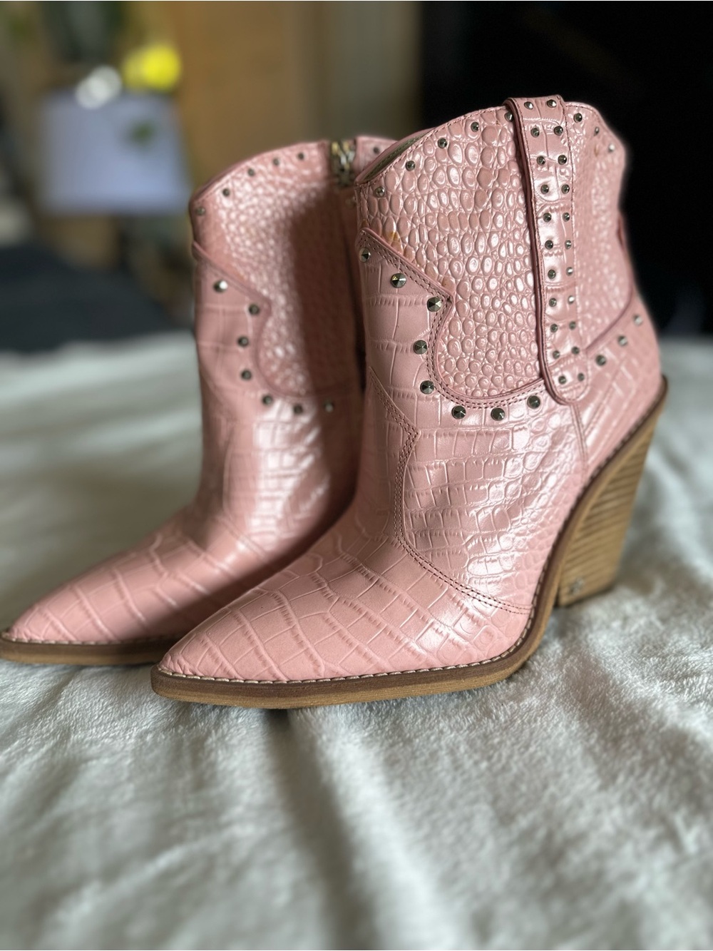 Pink Croc-Embossed Western Ankle Boots
